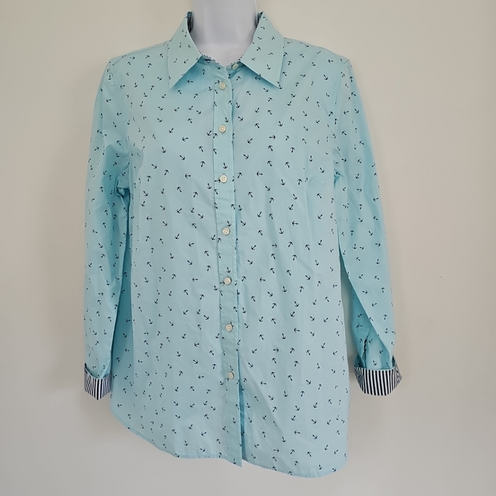 Talbots Light Blue Button-Up Shirt with Nautical Anchor Print Medium Collar L/S